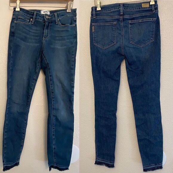 Paige Verdugo ankle crop Skinny mid rise dark wash denim jeans frayed size 27 - Picture 1 of 12